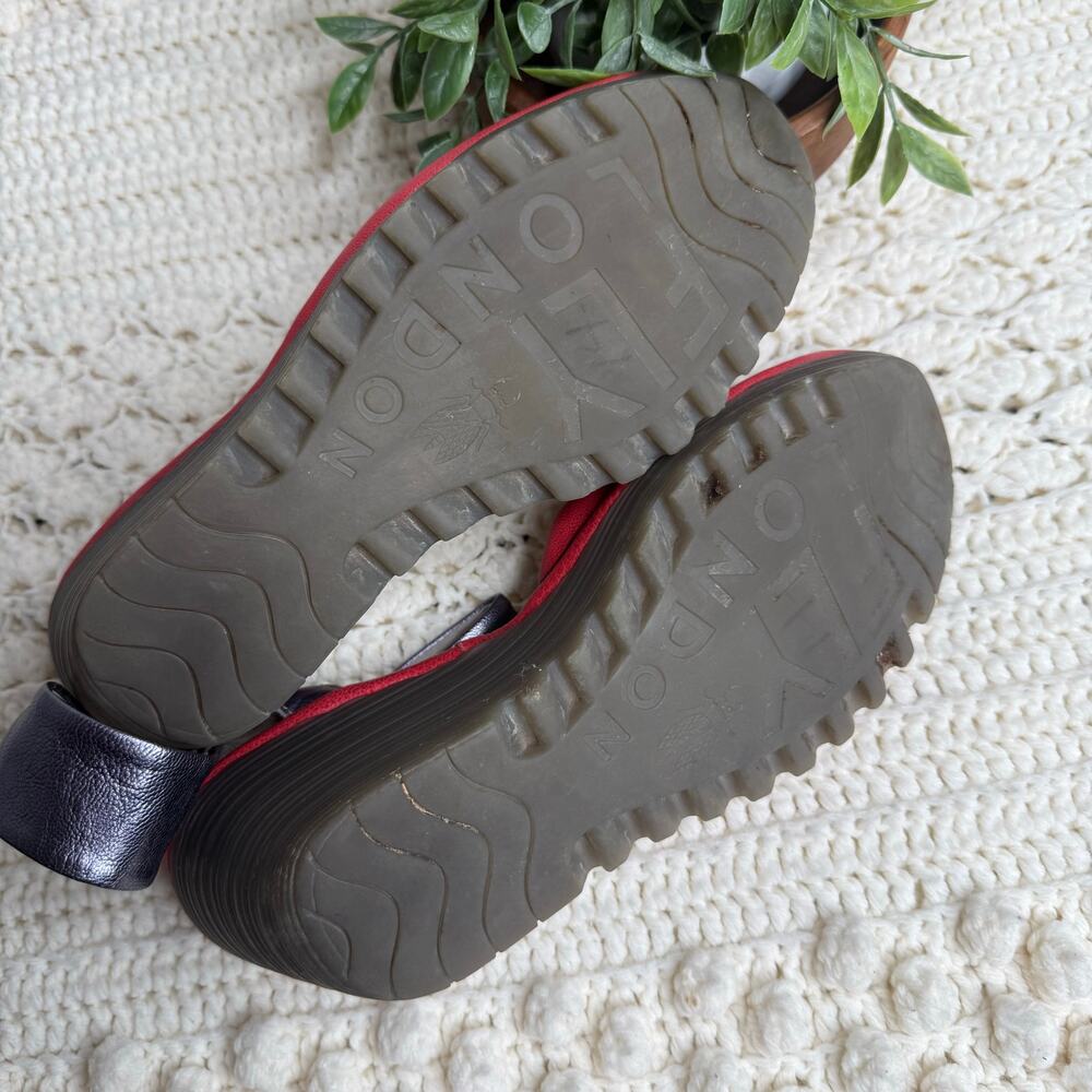 FLY LONDON Women's 40 US 9 YULA Leather Wedge Sandal Red Pewter Ankle Strap - Picture 14 of 16